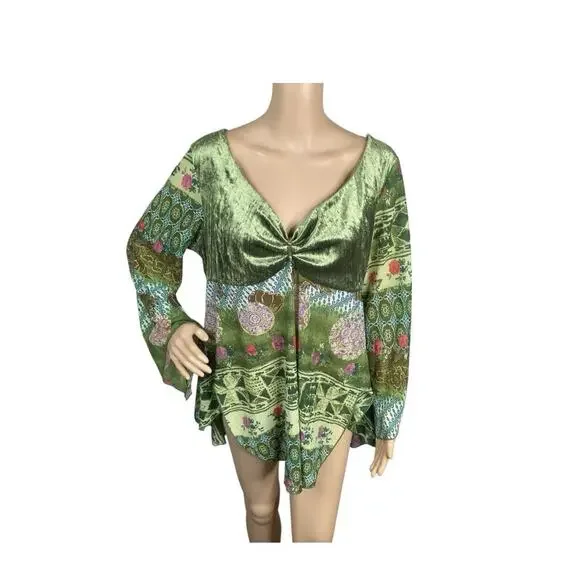 Dress Barn XL Fairycore Boho Y2K Green Velvet Patchwork Blouse Cottagecore Top - Picture 2 of 16